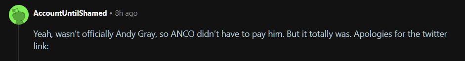 A Reddit comment joking that the figure wasn't officially Andy Gray so Anco didn't have to pay him, but it totally was.